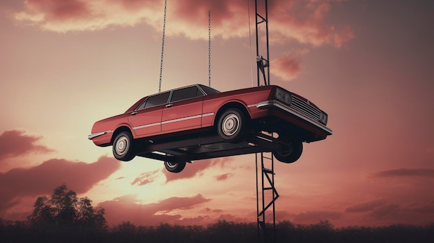 Une photo d'un ascenseur de voiture avec un véhicule suspendu dans les airs