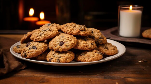 Une photo d'une assiette de biscuits au chocolat fraîchement cuits