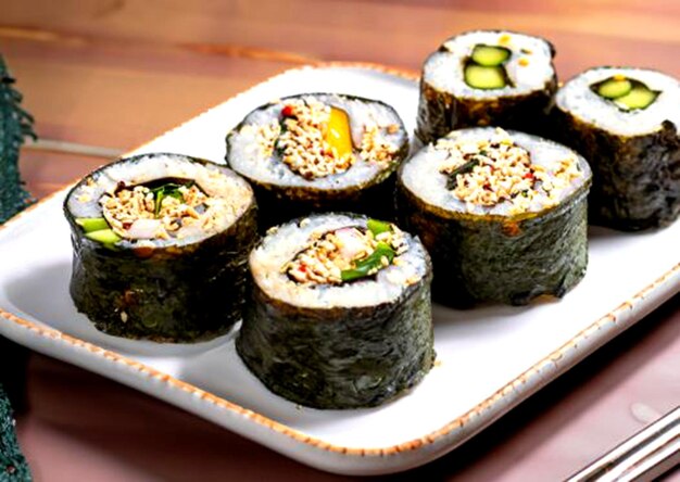 une photo d'une assiette de kimbap montrant parfaitement