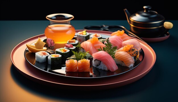 Photo photo d'une assiette de sushi avec une variété de saveurs différentes