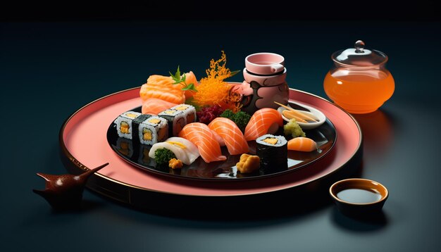 Photo photo d'une assiette de sushi avec une variété de saveurs différentes