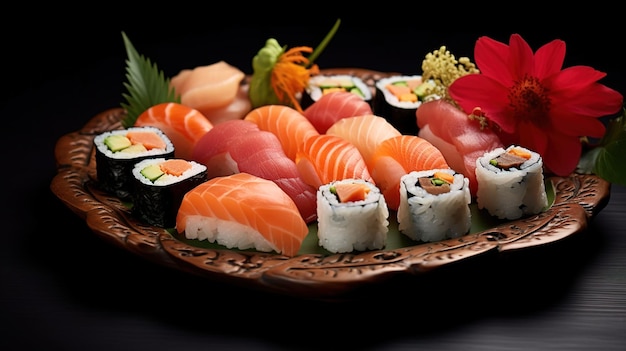 Photo d'une assiette de sushis et de sushis avec des fleurs et des feuilles dessus