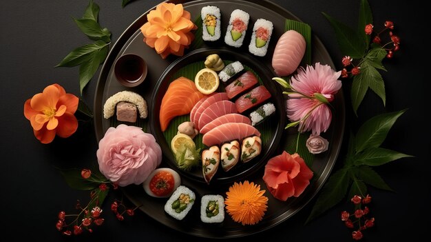 Photo d'une assiette de sushis et de sushis avec des fleurs et des feuilles dessus