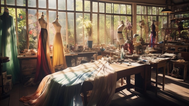 Une photo d'un atelier de créateurs de mode encombré de rouleaux de tissu