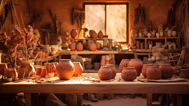 Photo une photo d'un atelier de poterie rustique rempli de créations en argile