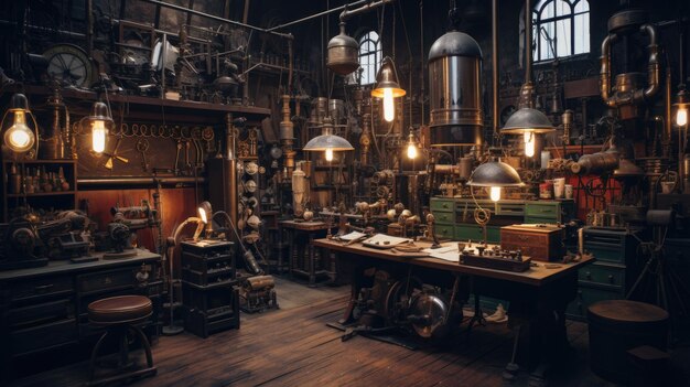 Une photo d'un atelier sur le thème du steampunk encombré d'outils et de gadgets