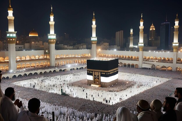 photo de l'atmosphère la nuit la congrégation d'Umrah adorant près de la Kaaba à La Mecque en Arabie Saoudite