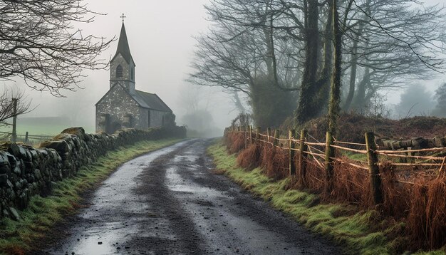 Une photo atmosphérique d'une matinée brumeuse dans une campagne irlandaise