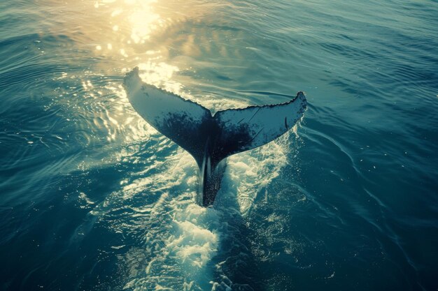 Une photo attrayante et minimaliste d'une queue de baleine dans l'océan, parfaite pour les amateurs de vie marine