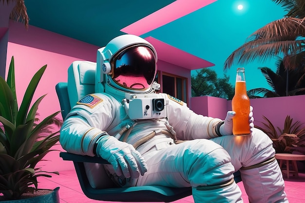 Une photo audacieuse d'un astronaute qui se détend dans une station balnéaire tropicale de l'espace tenant une vapeur de bière.