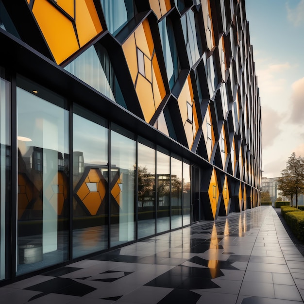 Une photo audacieuse et frappante d'un immeuble de bureaux moderne avec une façade à motifs