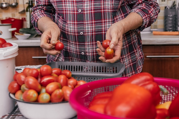 Photo authentique des mains féminines souillées d'une femme mûre, analyse de la récolte de tomates, préparation à la mise en conserve