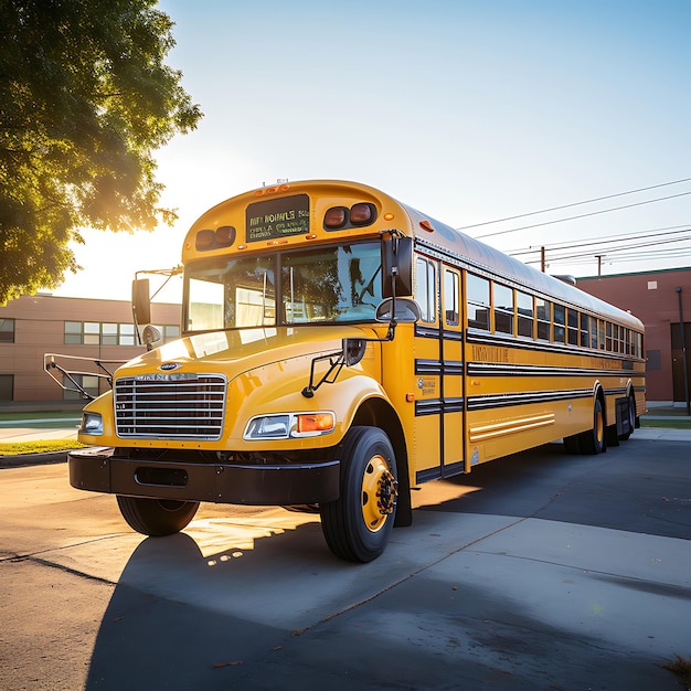 une photo d'un autobus scolaire jaune devant une école