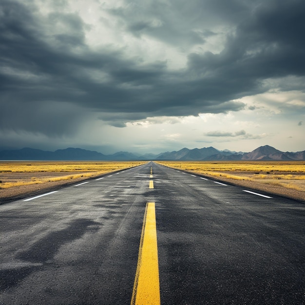 Photo d'une autoroute vide avec une route d'asphalte et un ciel nuageux