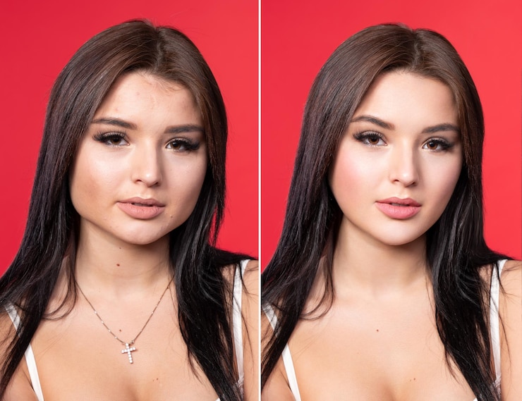 Photo photo avant et après retouche belle brune sur fond rouge le travail d'un retoucheur dans un