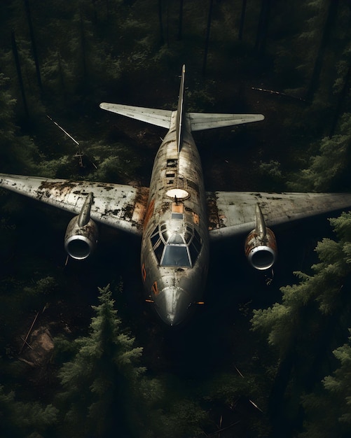 Photo avion abandonné dans la forêt tropicale ai générative