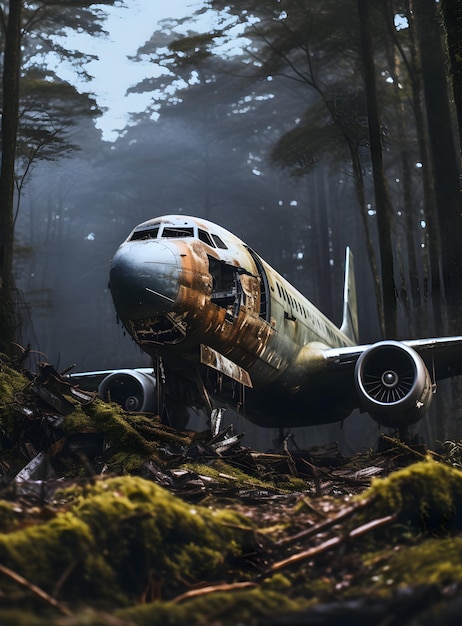 Photo avion écrasé au milieu des bois avion déserté dessiné numériquement ai générative