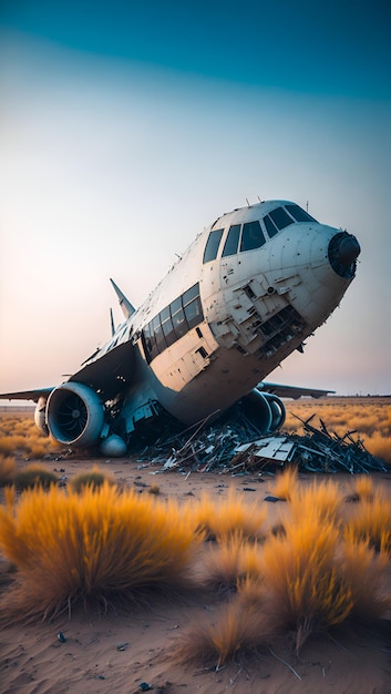 Photo d'un avion stationné sur une piste de terre créée par l'IA