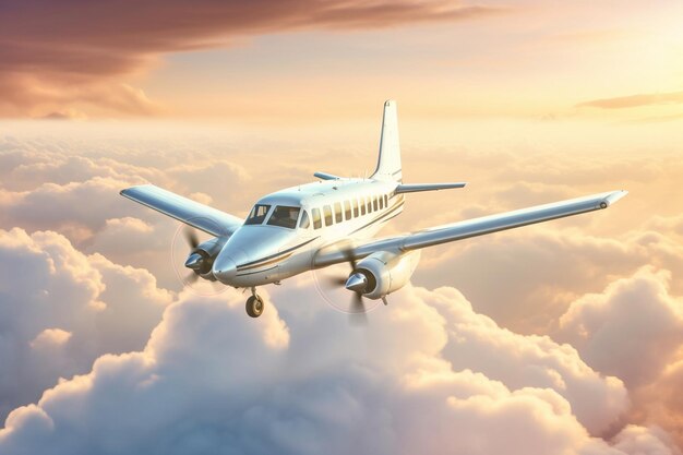 Une photo d'un avion volant au-dessus des nuages dans une lumière spectaculaire au coucher du soleil