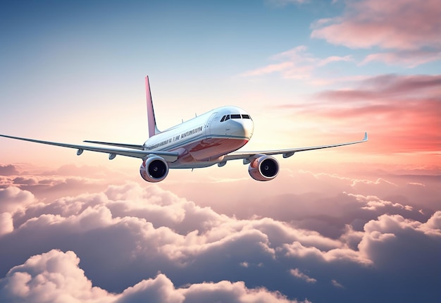 Photo d'un avion volant dans un beau ciel nuageux