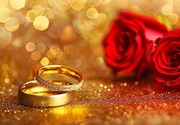 Photo d'une bague de mariage en or avec un bouquet de fleurs