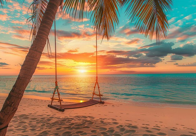 Une photo d'une balançoire en hamaque sur une plage d'été avec des palmiers