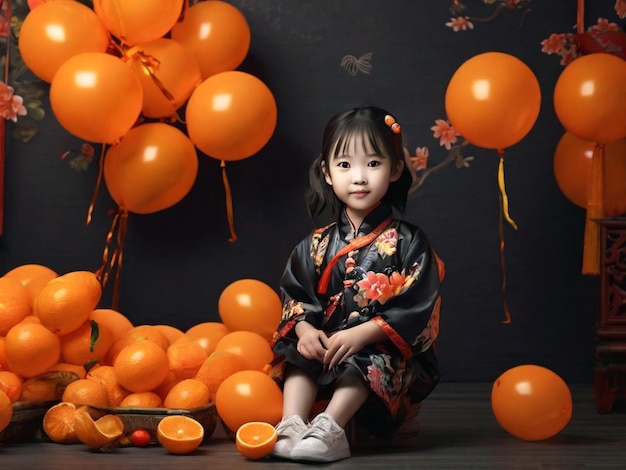 Une photo de ballons et de mandarines pour l'humeur posant mignonne asiatique jolie petite fille Image générée