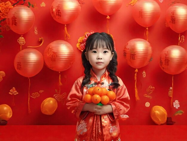 Une photo de ballons et de mandarines pour l'humeur posant mignonne asiatique jolie petite fille Image générée