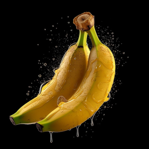 une photo d'une banane avec des gouttes d'eau dessus