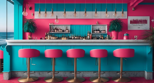 Photo d'un bar coloré avec quatre tabourets