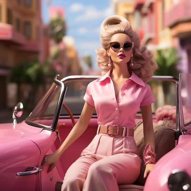 Photo de barbie assise dans sa voiture rose traversant Hollywood