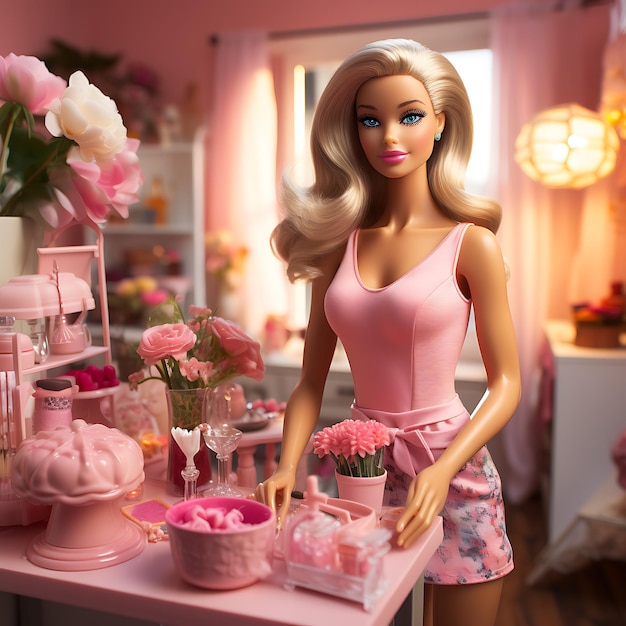 Photo de Barbie dans sa cuisine rose