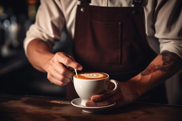 Photo d'un barista créant un latte dans un cappuccino