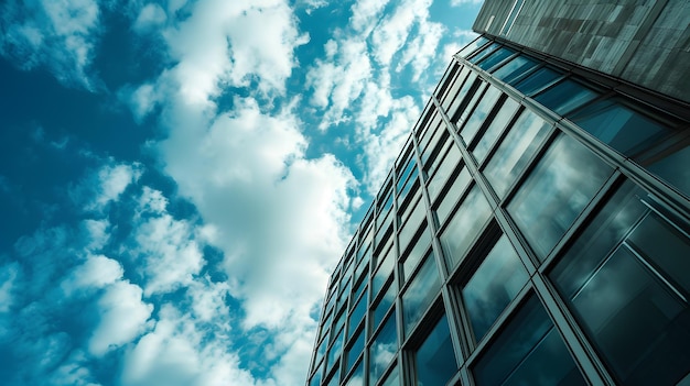 Photo basse angle d'un centre d'affaires vitré avec vue sur le ciel au milieu de la journée Concept de photo d'affaires