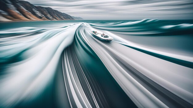 Photo d'un bateau naviguant à travers l'océan orageux par une journée nuageuse