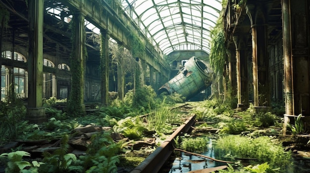 Une photo d'un bâtiment abandonné avec un train vert et blanc au milieu.