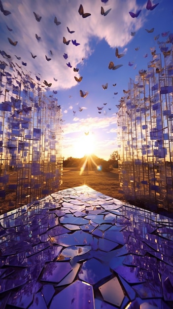 Une photo d'un bâtiment avec un ciel bleu et le mot amour dessus