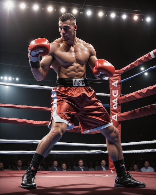 Photo d'un beau boxeur combattant avec des gants dans un ring de boxe