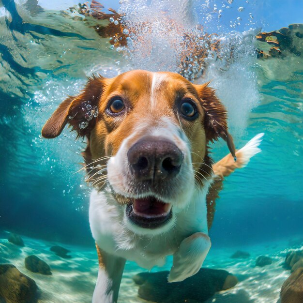 photo d'un beau chien sous l'eau heureux