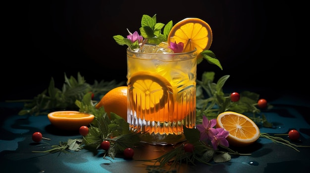 Une photo d'un beau cocktail garni de fruits et d'herbes