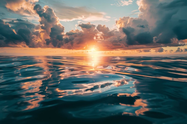 Une photo d'un beau coucher de soleil montrant un ciel et une mer Il brille avec des couleurs et des nuances et se reflète sur l'eau et les nuages