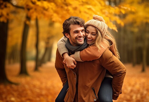 Photo d'un beau couple aimant dans la nature du parc d'automne