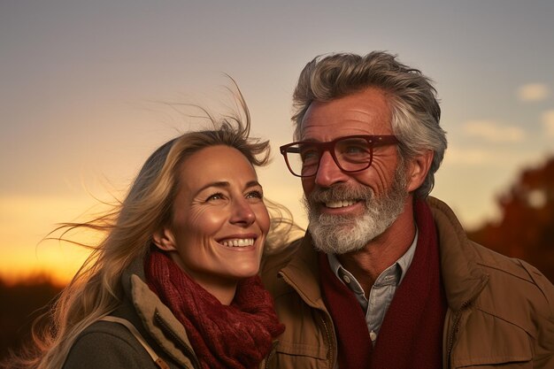 Photo une photo d'un beau couple des états-unis à l'automne quand le soleil se couche