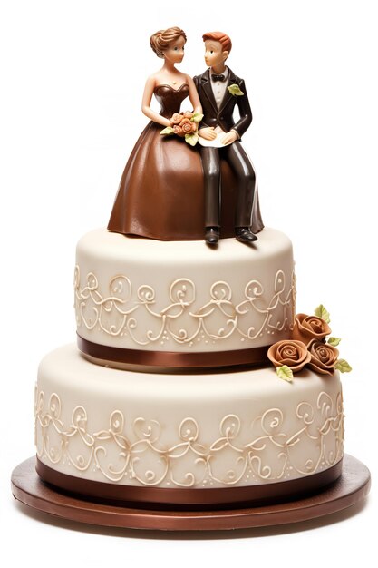 Photo photo d'un beau gâteau de mariage avec des figures de couple sur le dessus