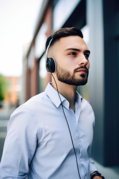 Photo d'un beau jeune homme debout dehors et portant un casque alors qu'il travaillait dans son bureau