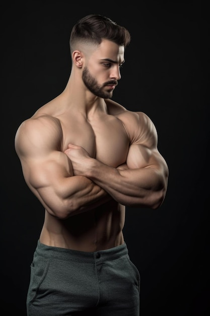 Une photo d'un beau jeune homme debout seul dans le studio et montrant ses biceps.