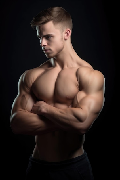 Une photo d'un beau jeune homme debout seul dans le studio et montrant ses biceps.