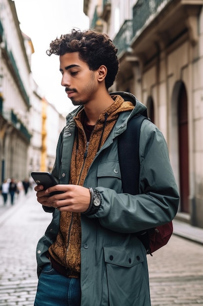 Photo d'un beau jeune homme envoyant un message texte lors d'un voyage à travers la ville