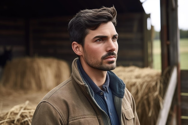 Une photo d'un beau jeune homme à la ferme.