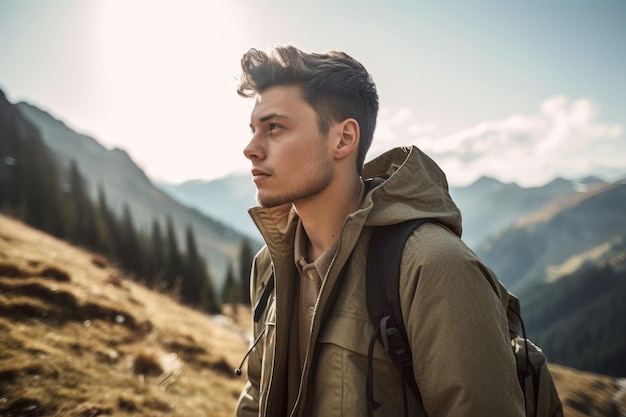 Photo d'un beau jeune homme en randonnée dans les montagnes créée avec une IA générative